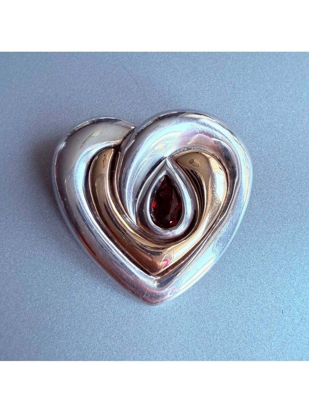 Kabana Rémy Rotenier 14k Gold & Sterling Silver Garnet Heart Brooch/ Pen…